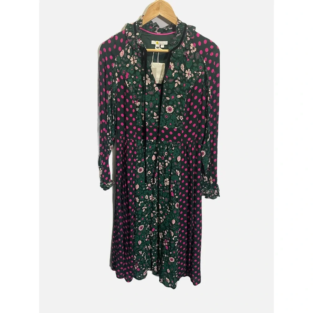 Boden Midi Dress Women 6R Green Pink Floral Polka Dot Mixed Print Boho Romantic - Picture 2 of 5